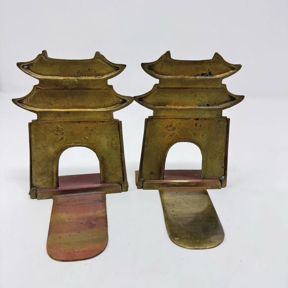 Vintage Folding Brass Asian Pagoda Gate Bookends Made in Korea Set of 2 - Picture 2 of 5